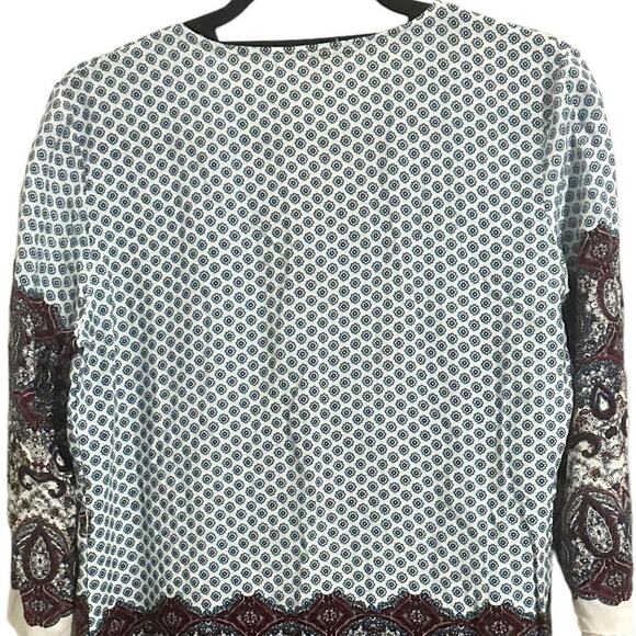 Vintage Pullover Tunic Top Batik Print V-Neck Zipper Blouse Blue Burgundy M/L - Picture 4 of 9